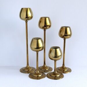 VTG 60s Solid Brass Tulip Candlesticks Candle Holders Chunky Mcm Graduated 5pc